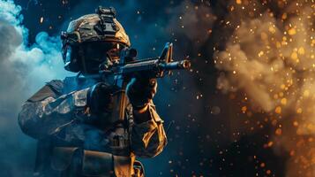A soldier in full combat gear is taking cover behind a wall, aiming his rifle and searching for targets. photo