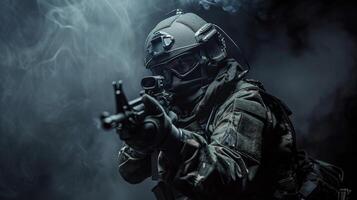 A soldier in full tactical gear, armed with an assault rifle, stands in a dark, smoky room. photo