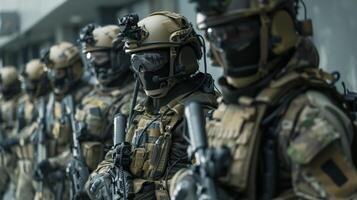 A soldier in full tactical gear, armed with a rifle, stands in front of a group of other soldiers. photo