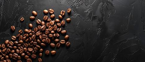 Coffee beans scattered on a dark background. photo