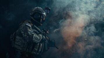 A soldier in full combat gear standing in a dark room. photo