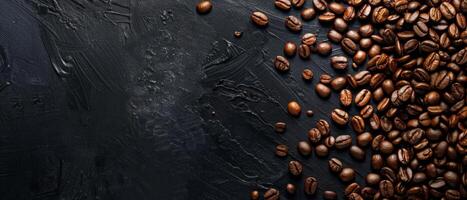 Coffee beans scattered on a black stone background. Top view. photo
