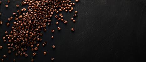 Coffee beans scattered on a dark background. photo