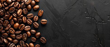 Coffee beans scattered on a dark background. photo