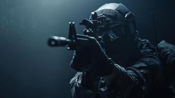 A soldier in full tactical gear aiming an assault rifle. photo