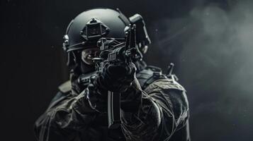 A soldier in black uniform and mask holding a gun photo