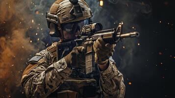 A soldier in full combat gear aims his rifle. photo