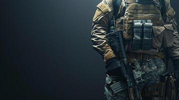 A soldier in full combat gear is silhouetted against a dark background. photo