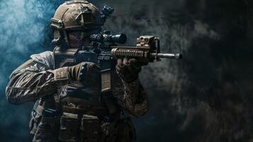 A soldier in full combat gear holding a rifle. photo