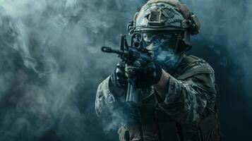 A soldier in full combat gear, aiming his rifle. photo