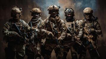 A group of five soldiers in full combat gear and gas masks standing in front of a dark background. photo