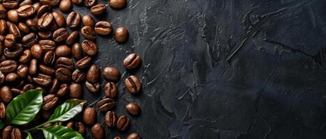Coffee beans scattered on a dark stone background. photo