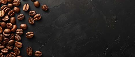 Coffee beans scattered on a dark background. photo