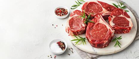Several raw beef steaks on a white marble cutting board with rosemary and spices. photo