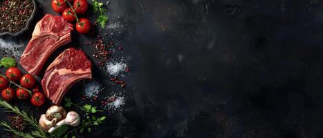 Two raw beef steaks with spices and herbs on a black stone background. photo