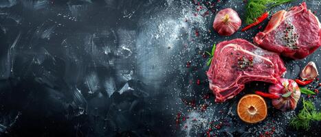 Two raw beef steaks with spices and herbs on a black stone background. photo