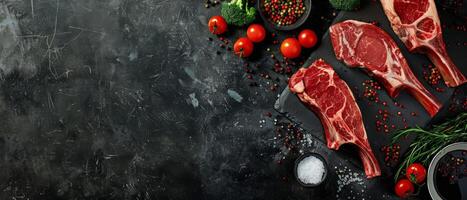 Three raw tomahawk steaks with spices and vegetables on a black stone board. photo