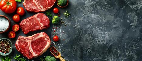 Three raw beef steaks with spices and vegetables on a dark background. photo