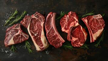 Various cuts of raw beef on a rustic background. photo