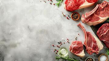 A variety of raw steaks on a stone table with rosemary and spices. photo
