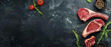 Black background with raw fresh beef steak, rosemary, spices and tomatoes. photo