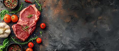 A tomahawk steak with cherry tomatoes, garlic, rosemary, and spices on a dark background. photo