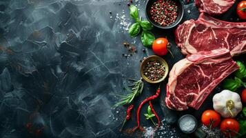 A variety of raw meats and spices on a dark background. photo