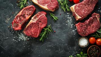 Various cuts of raw beef on a black stone background photo