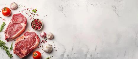 Two raw beef steaks with spices and herbs on white marble background. photo