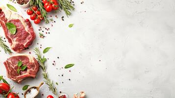 Raw fresh beef steak with spices and herbs on white concrete background. photo