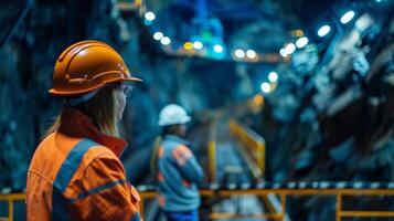 Two miners in hard hats and protective workwear are inspecting an underground mine. photo