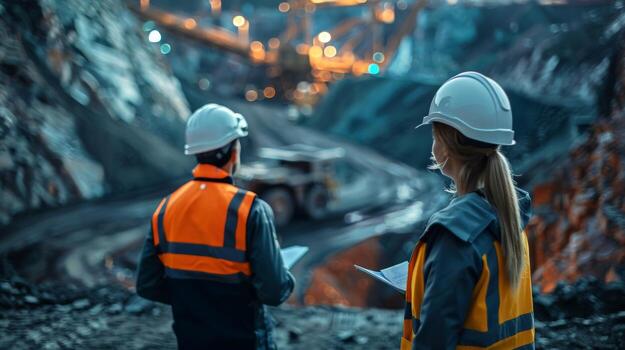 Two mining engineers in hard hats and safety vests inspect a mine. photo