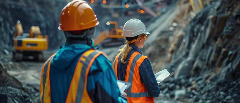 Two mining engineers in hard hats and safety vests inspect a mine photo