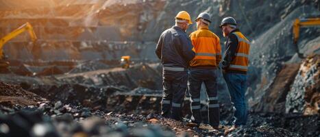 Three industrial workers in hard hats at a mining site photo