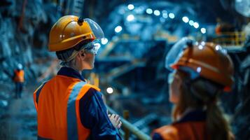 Two miners in hard hats and safety vests are looking at the illuminated tunnel. photo