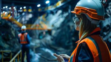 Mining engineer in hard hat and safety glasses uses tablet computer to monitor operations at a busy mine. photo