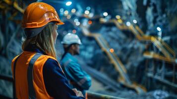 Two industrial engineers in hardhats inspecting the mining site photo