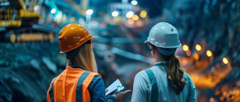 Two construction workers in hard hats looking at the progress of the building photo