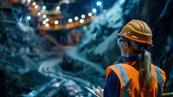A female mining engineer wearing a hard hat and safety vest inspects an underground mine. photo