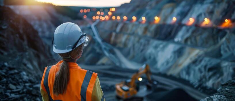 Female mining engineer wearing hard hat and safety vest inspecting an open pit mine photo