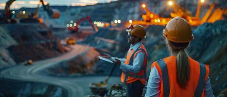 Two mining engineers in hard hats and safety vests at an open pit mine at dusk. photo