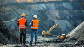 Two mining engineers in hard hats and safety vests examine a large open pit mine. photo