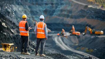 Two mining engineers in hard hats and safety vests examine a large open pit mine. photo
