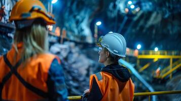 Two female miners in hard hats and protective workwear are inspecting an underground mine. photo