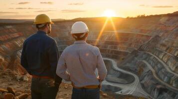 Two engineers in hard hats looking out over a large open-pit mine photo