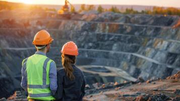 Two engineers in hard hats and safety vests looking at a large open pit mine. photo
