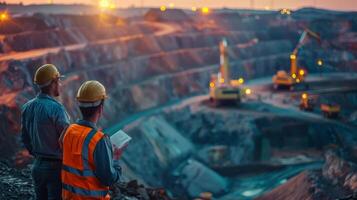 Two mining engineers in hard hats at an open pit mine at sunset photo
