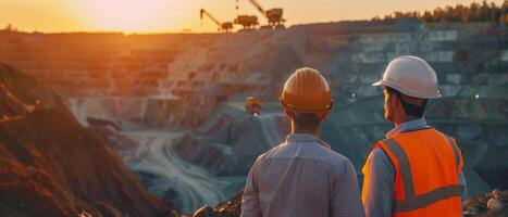 Two engineers in hard hats and safety vests looking at a mining operation. photo