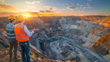 Two mining engineers in hard hats and safety vests examine a large open-pit mine. photo