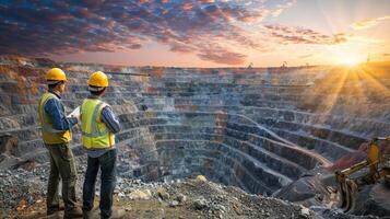 Two engineers in hard hats and safety vests are looking at a large open-pit mine. photo
